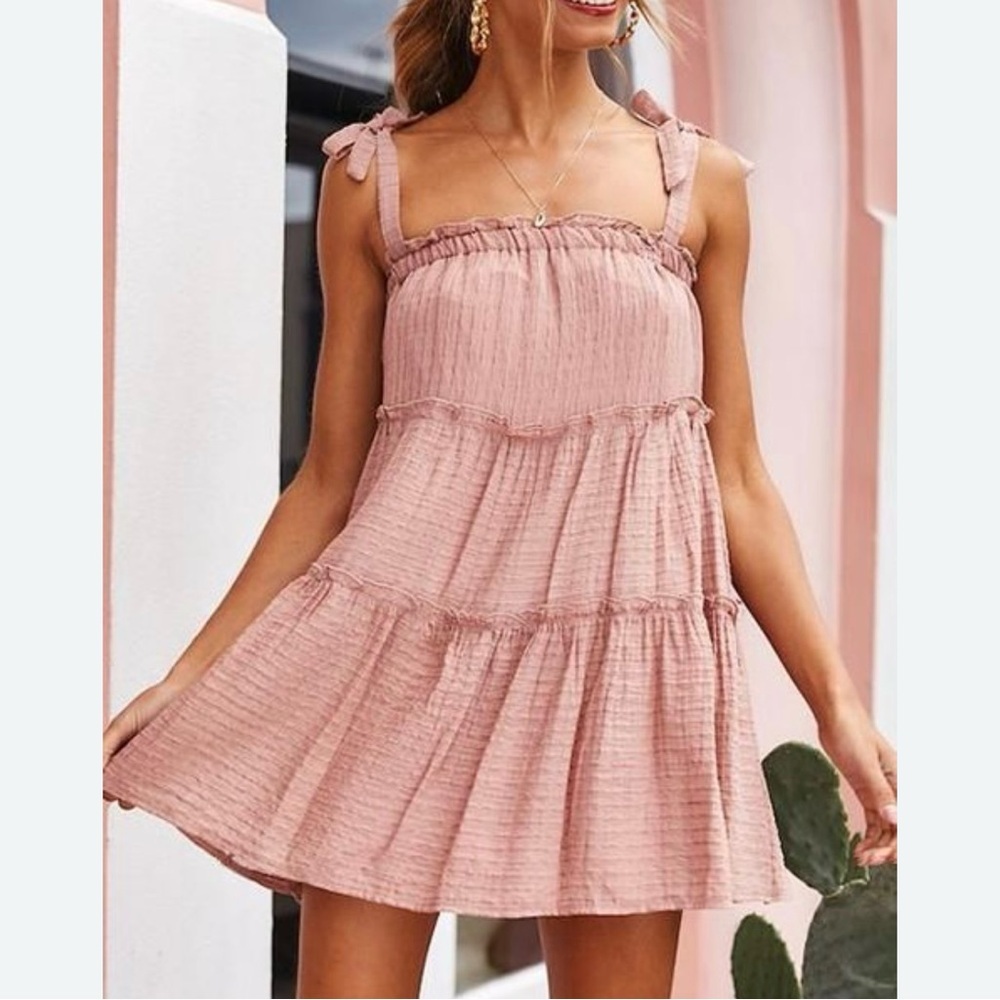 Altar'd State Blush Pink Tiered Mini Dress with Tie Straps